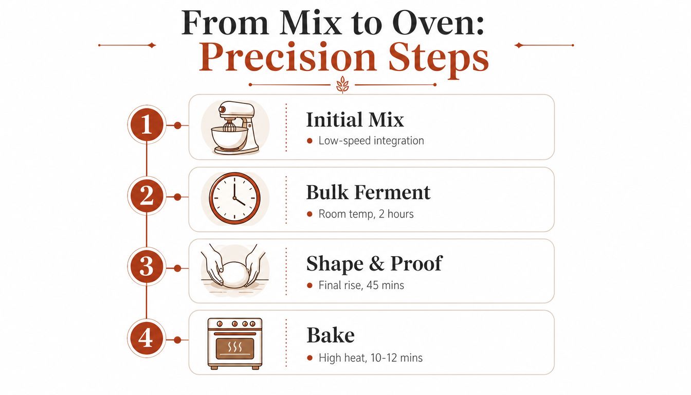 A four-step infographic showing the precision process for making rustic pizza dough from mixing to baking.