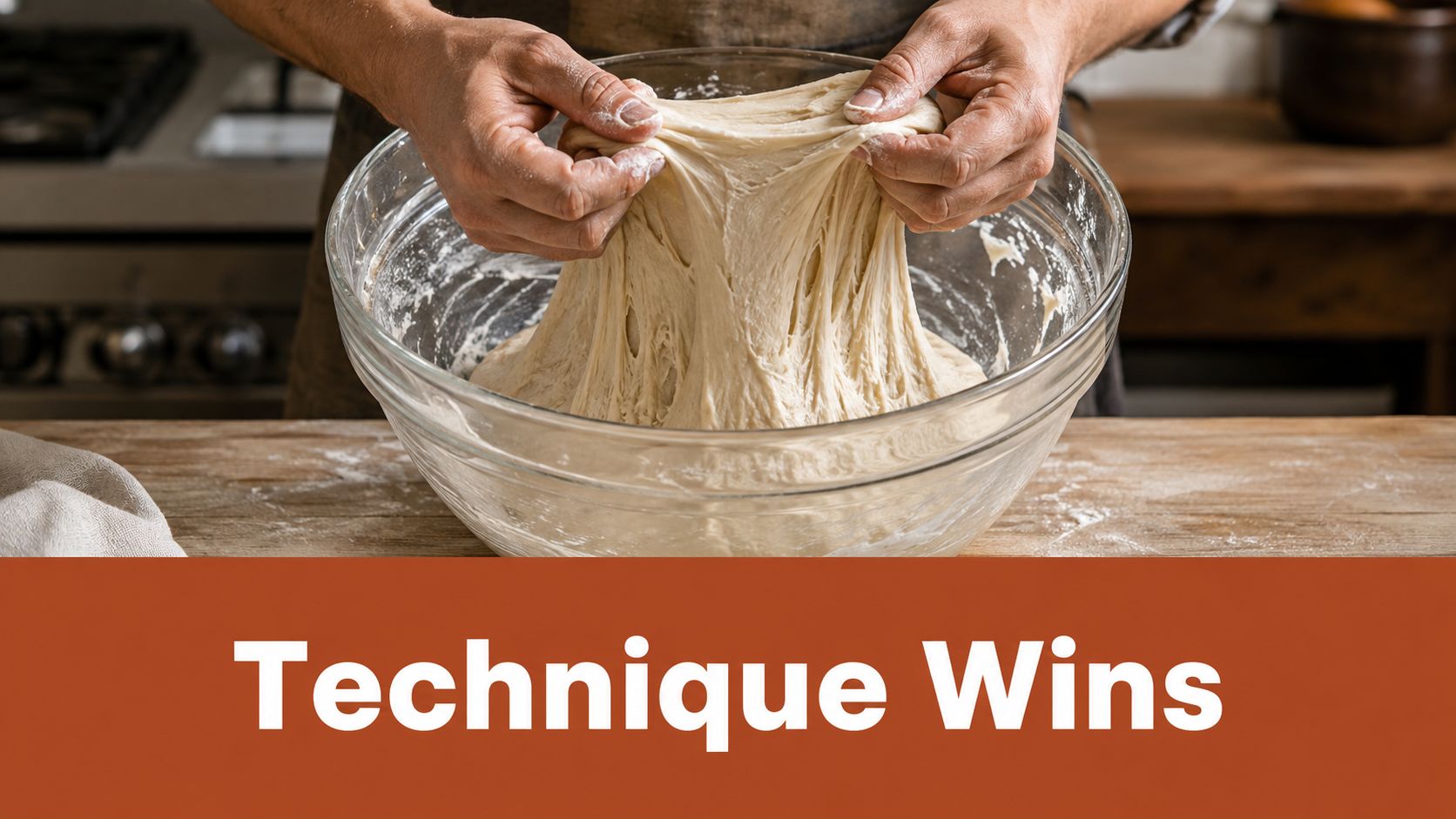 A pair of hands stretching a piece of high hydration dough inside a glass mixing bowl.