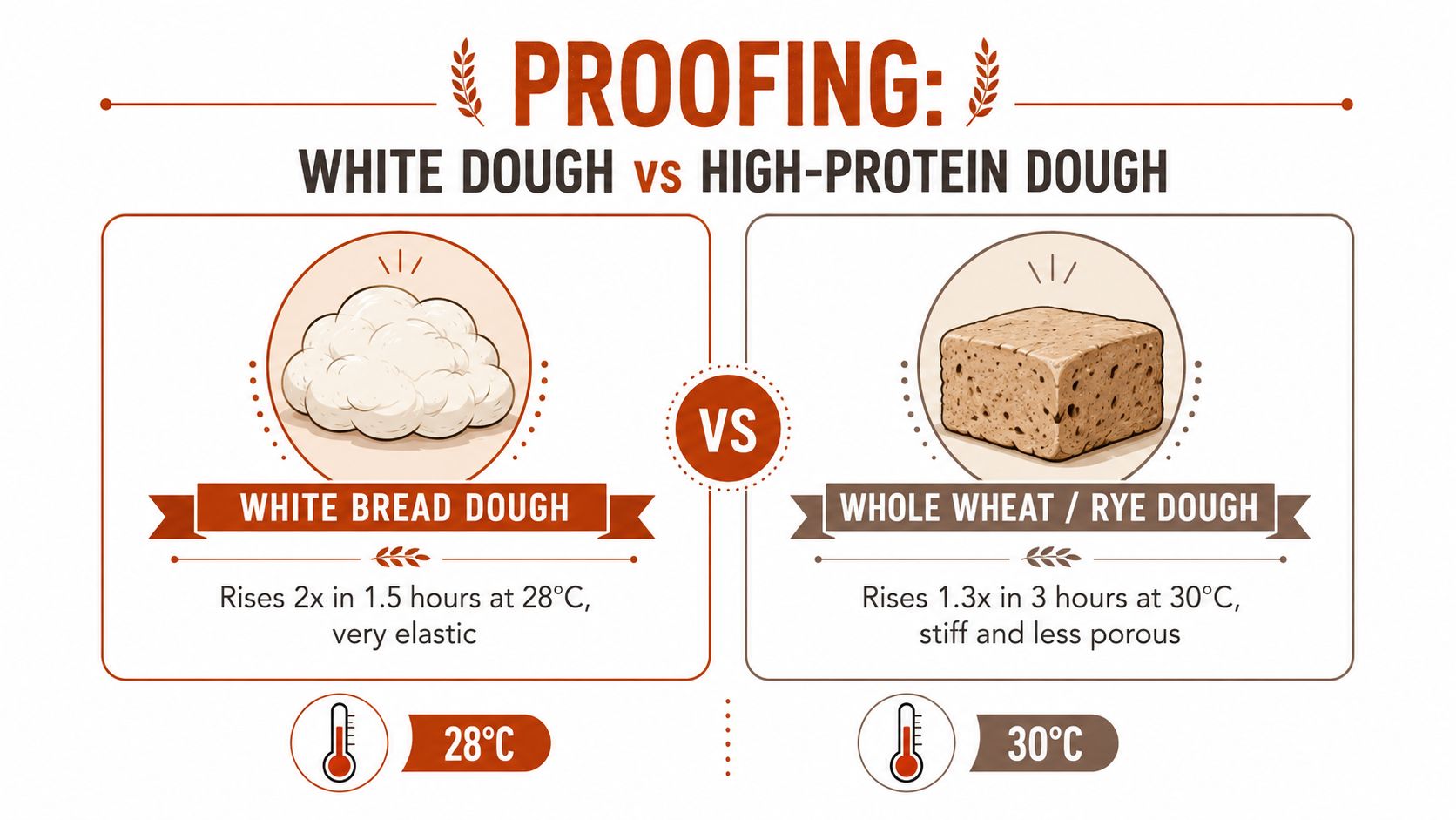 A comparison infographic showing proofing times and characteristics for white bread dough versus whole wheat rye dough.
