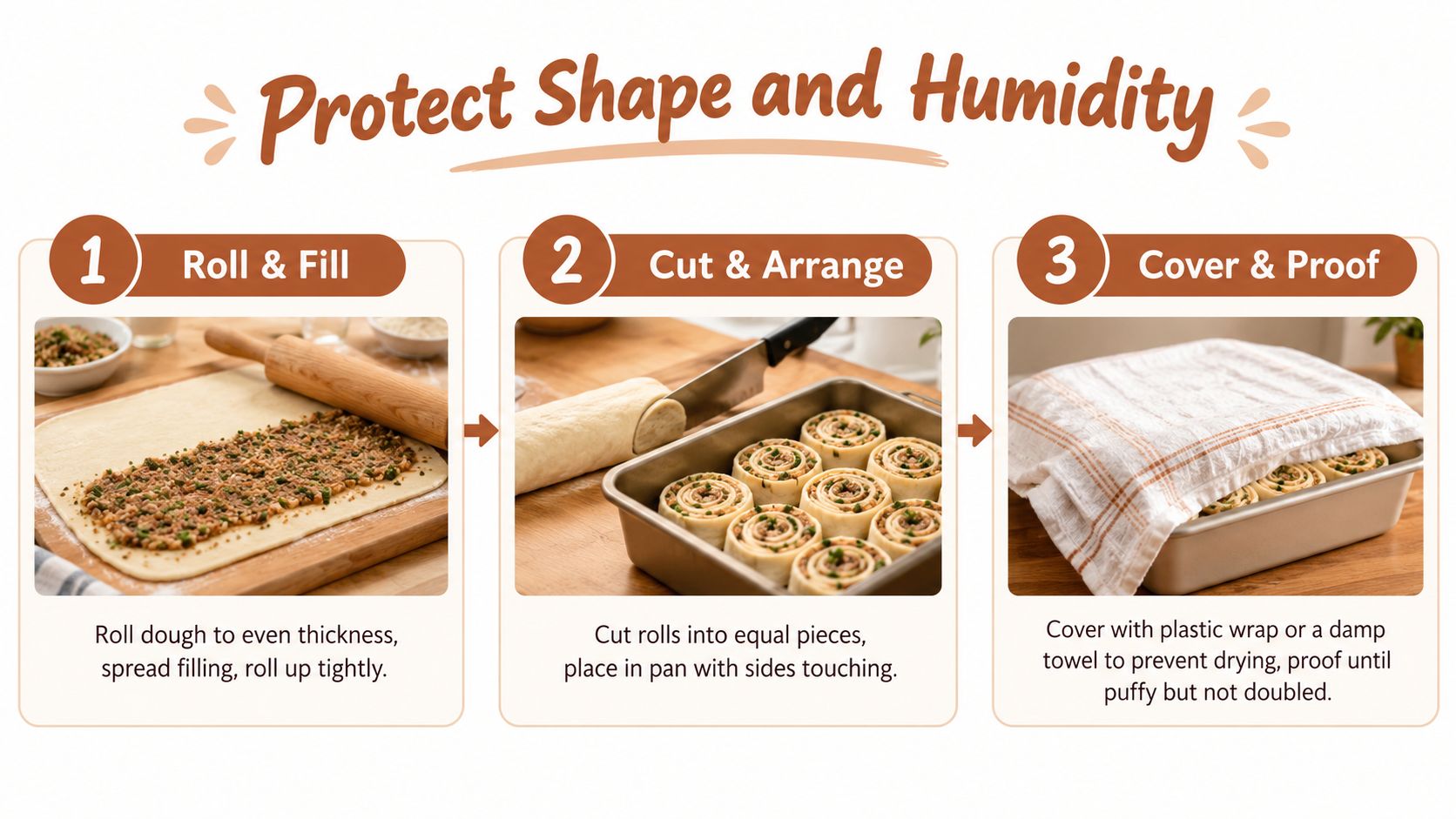 A three-step infographic showing how to roll, cut, and proof dough for making cinnamon rolls.