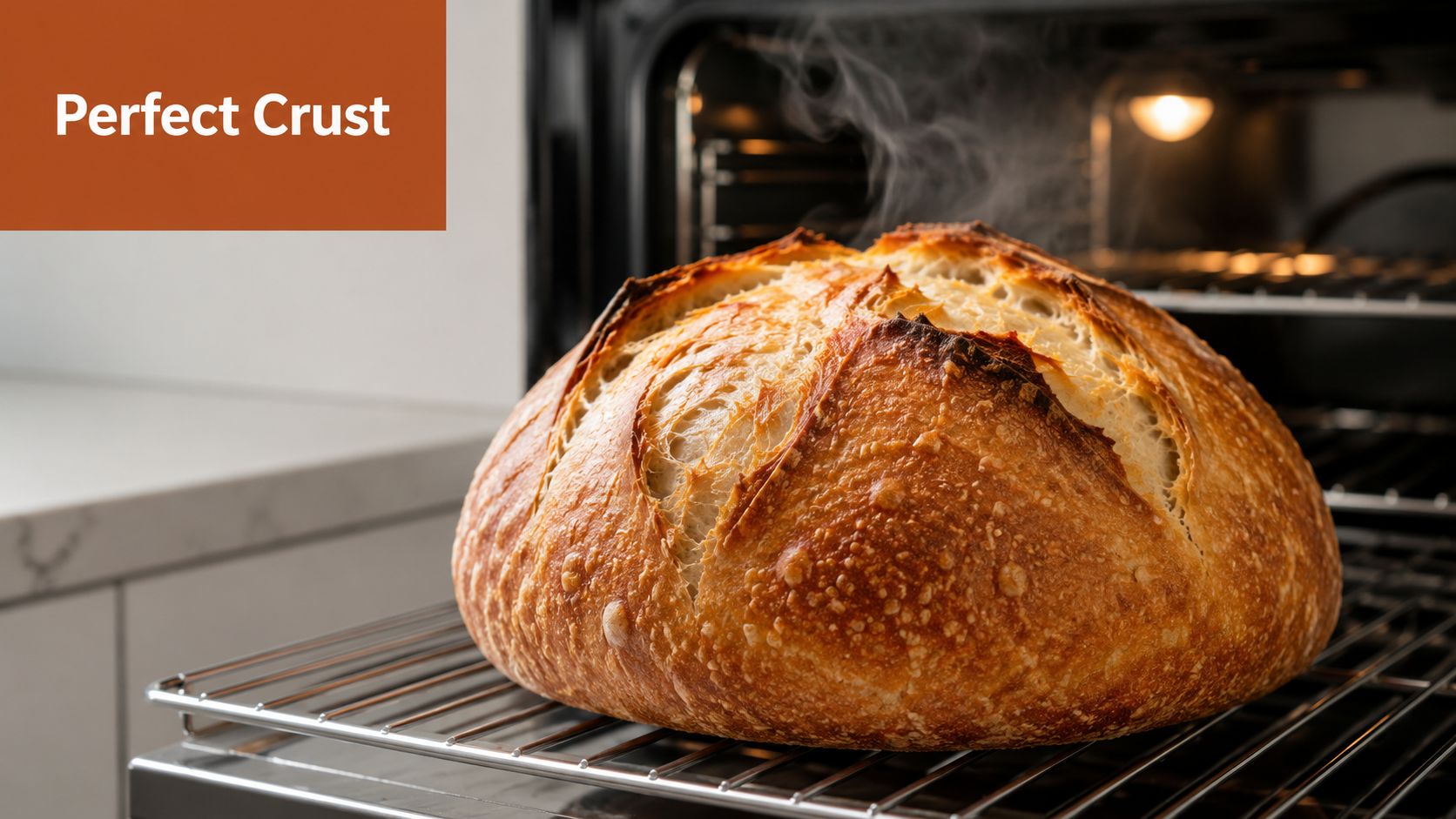 A freshly baked loaf of crusty golden brown sourdough bread resting on a cooling rack inside an oven.