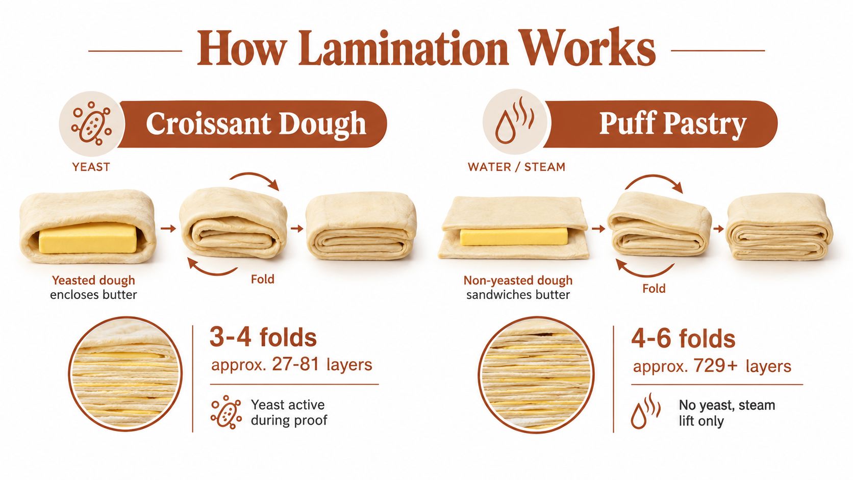 A diagram comparing the lamination process of croissant dough versus puff pastry with detailed folding steps.