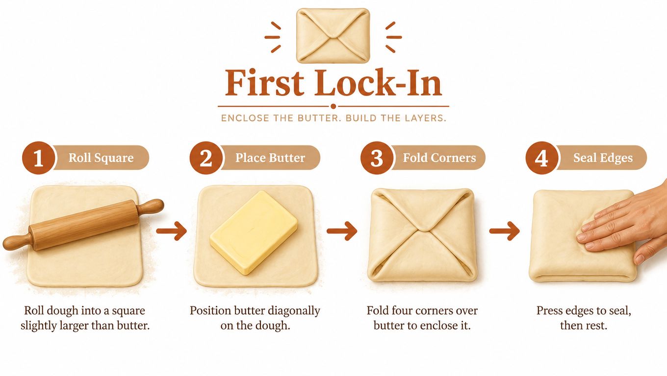 A four-step instructional illustration showing how to enclose butter in dough for making laminated puff pastry.
