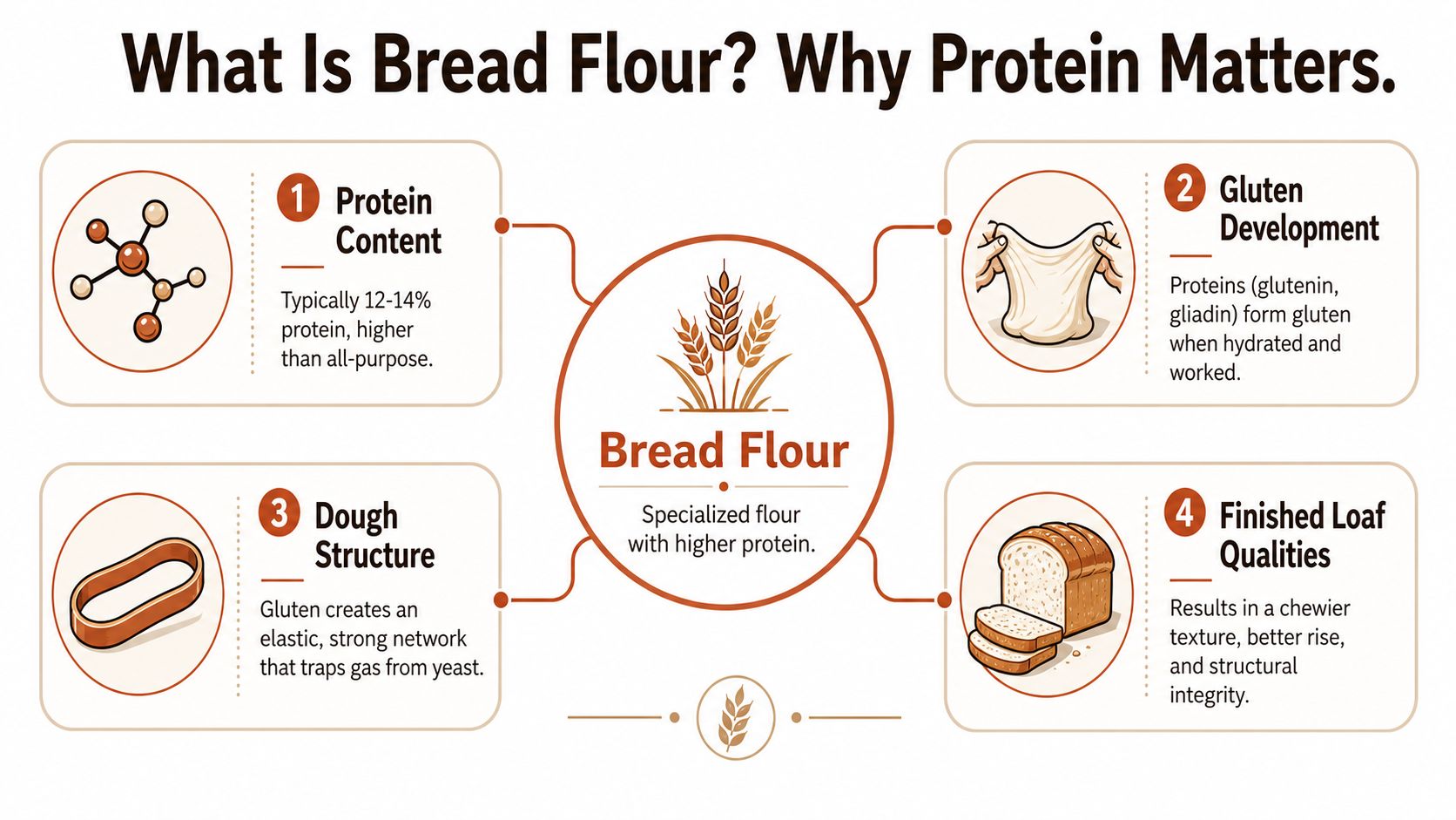 An infographic explaining the role of protein in bread flour and how it influences dough and loaf qualities.
