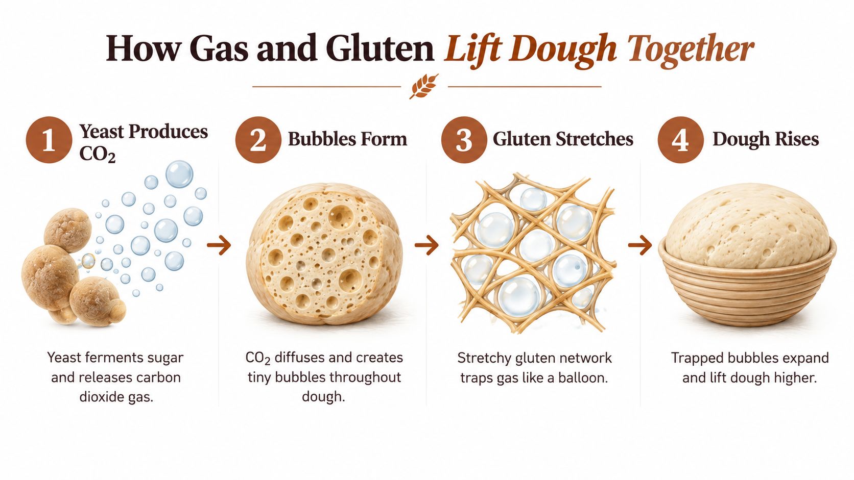 A four-step infographic illustrating how yeast produces carbon dioxide to trap gas in gluten and make dough rise.