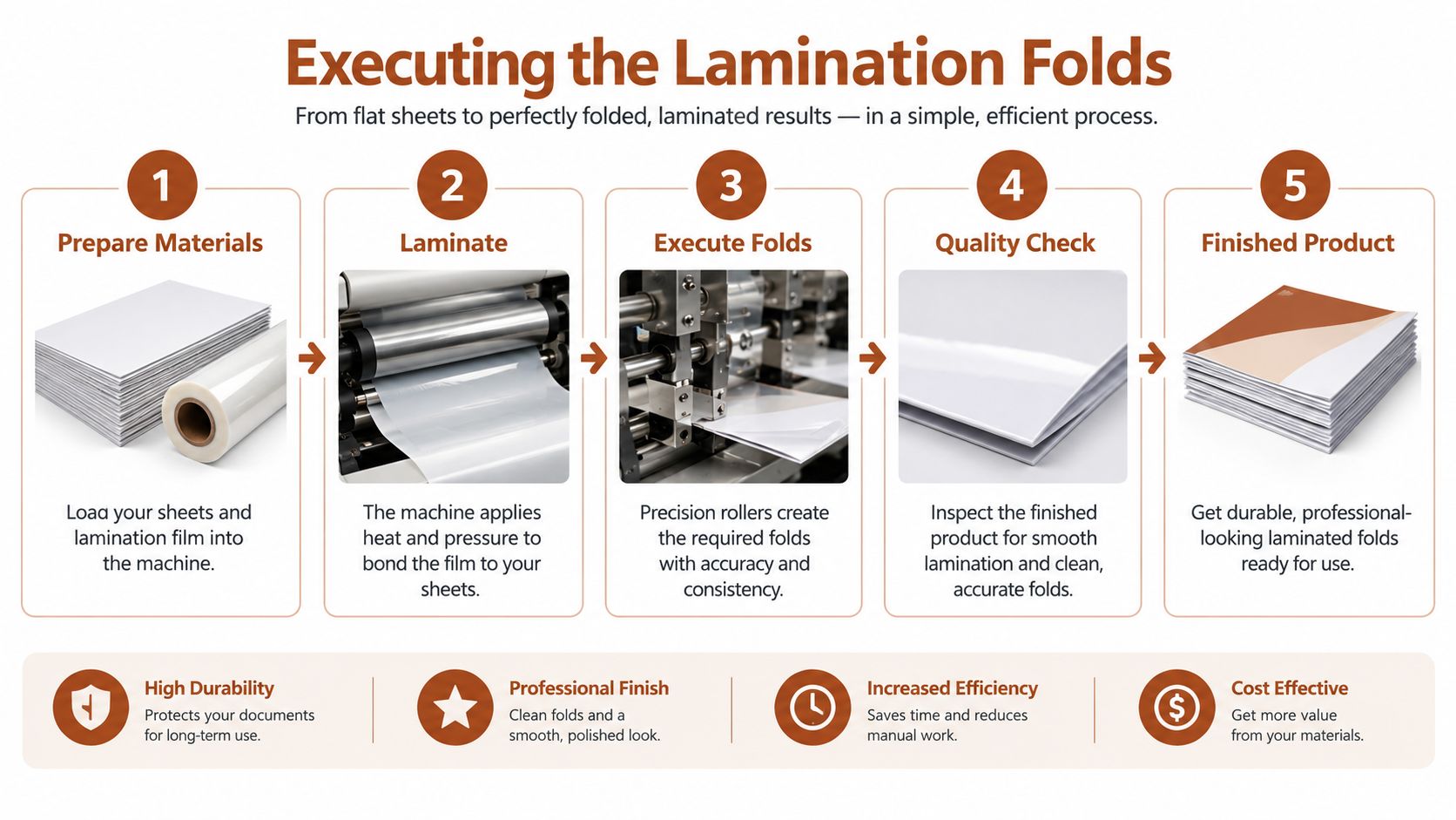 A five-step infographic illustrating the professional process of laminating and folding paper documents for durability.