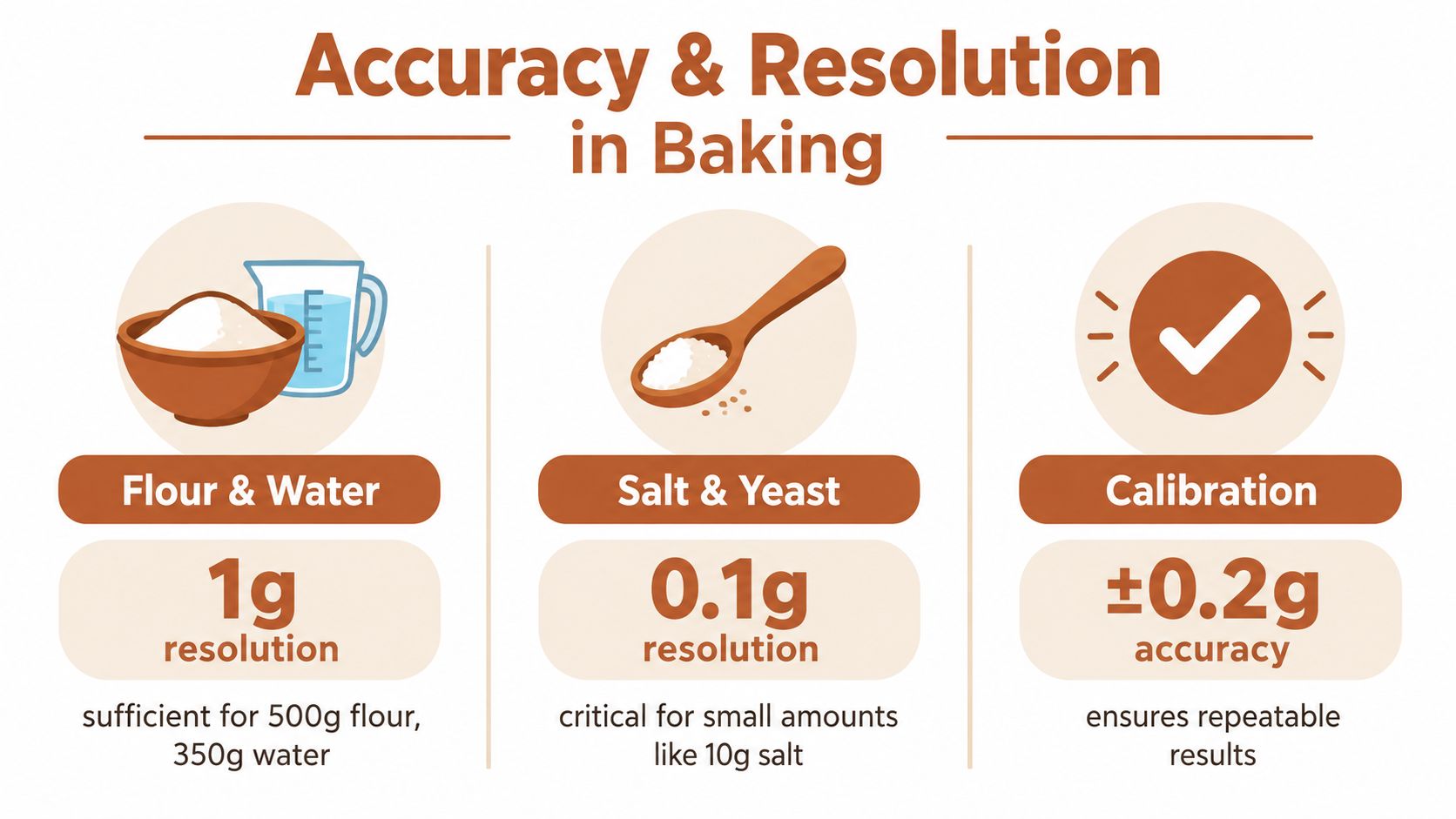 An infographic explaining the importance of scale resolution and accuracy when measuring baking ingredients like flour, salt, and yeast.