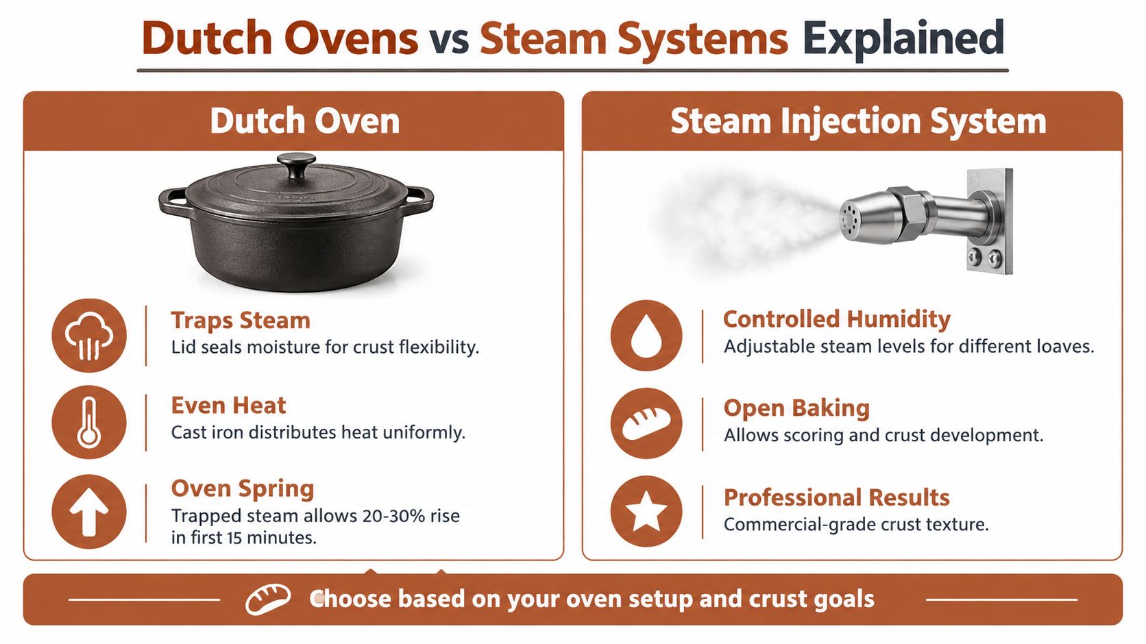 A comparison chart showing the benefits of baking bread using a Dutch oven versus a steam injection system.