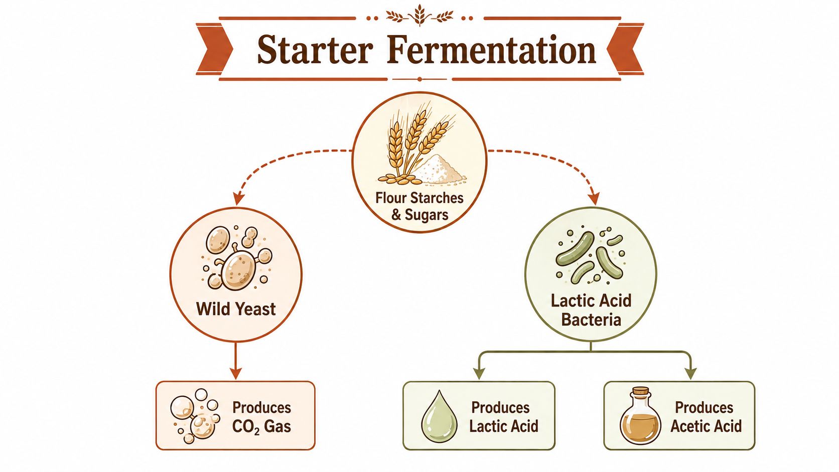 An infographic showing how sourdough starter fermentation turns flour starches and sugars into yeast and bacteria products.