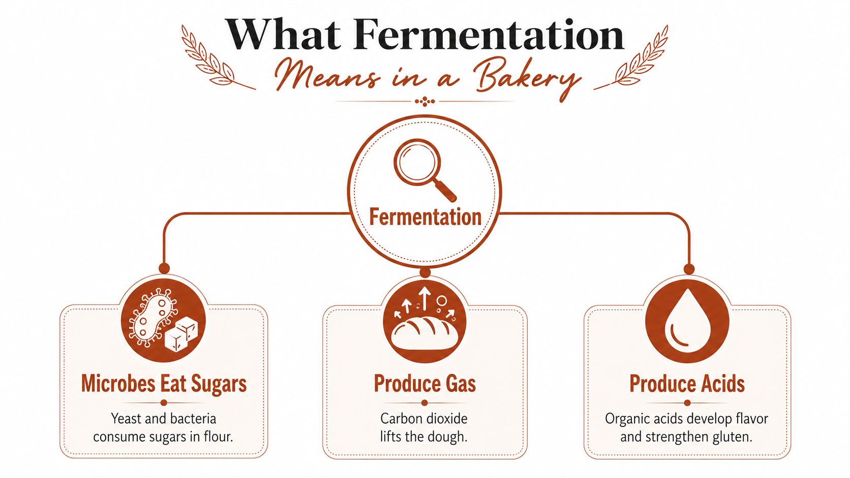 An infographic explaining bakery fermentation, highlighting microbes consuming sugar, gas production, and acid development processes.