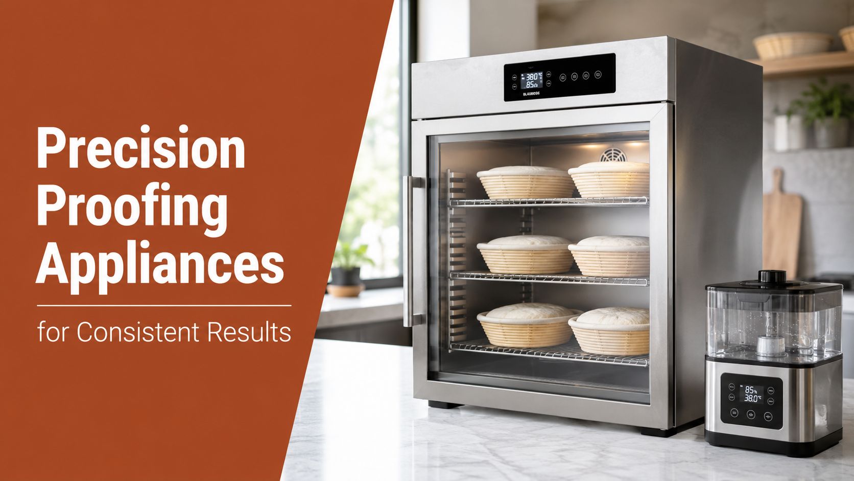 A professional stainless steel proofing chamber used for fermenting sourdough bread dough on a kitchen counter.