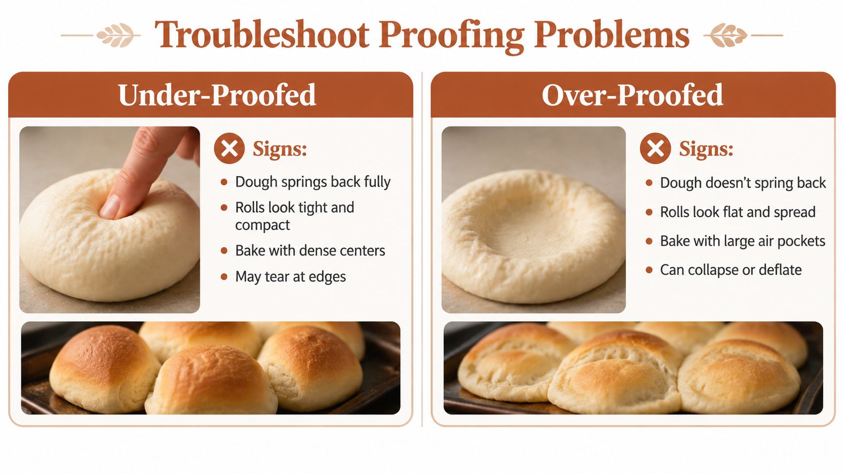 A comparison chart showing signs of under-proofed and over-proofed dough with examples of baked rolls.