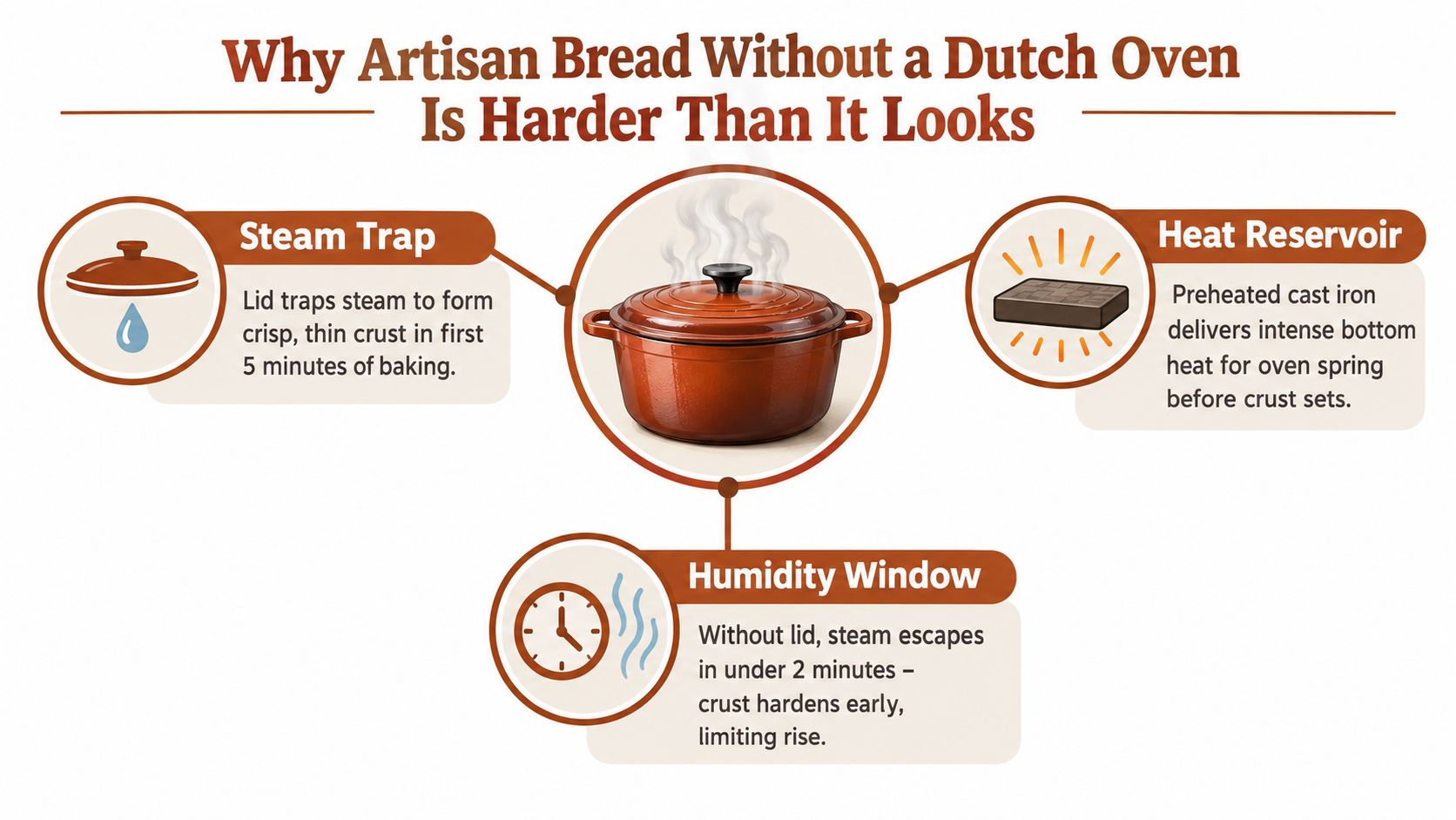 An infographic explaining why baking artisan bread is difficult without using a dutch oven for steam retention.