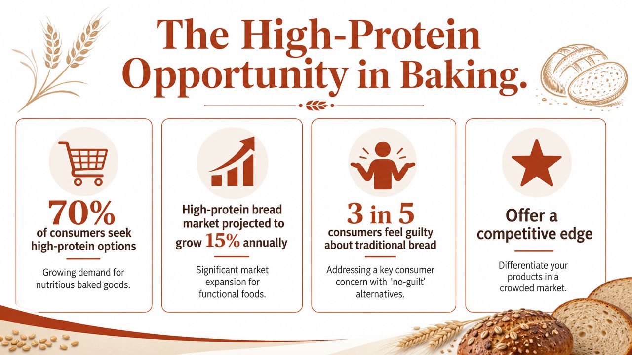An infographic titled The High-Protein Opportunity in Baking illustrating trends, market growth, and consumer preferences for high-protein bread.