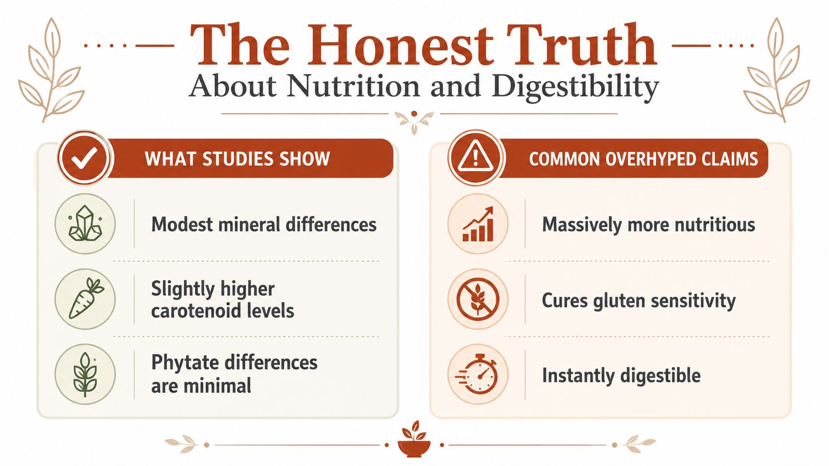 A comparison chart showing scientific evidence versus common overhyped health claims regarding nutrition and digestibility.