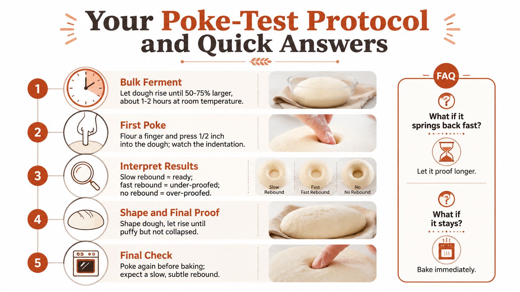 An instructional infographic explaining the bread poke test protocol to determine dough fermentation and proofing stages.