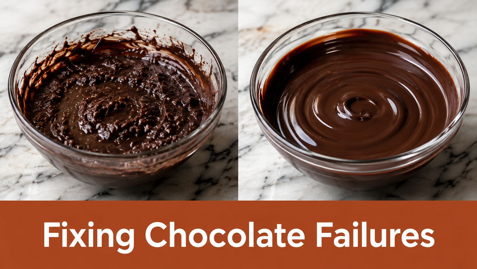 A split image showing a seized, lumpy chocolate mixture on the left and smooth melted chocolate on the right.