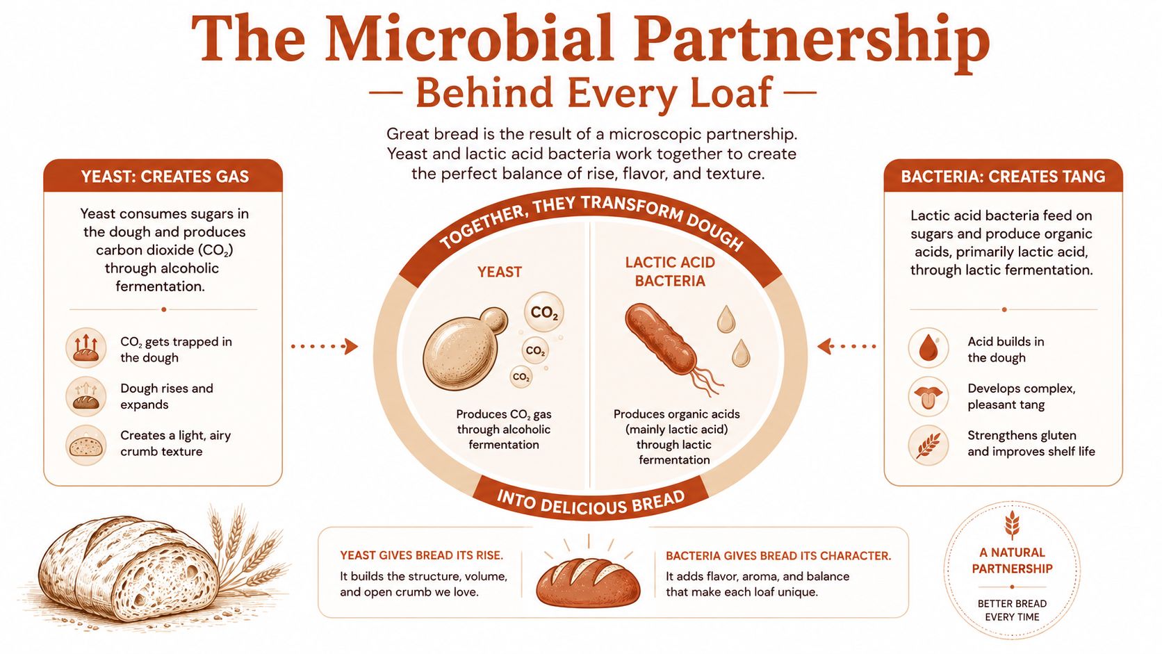 An infographic illustrating how yeast and lactic acid bacteria work together to produce sourdough bread.