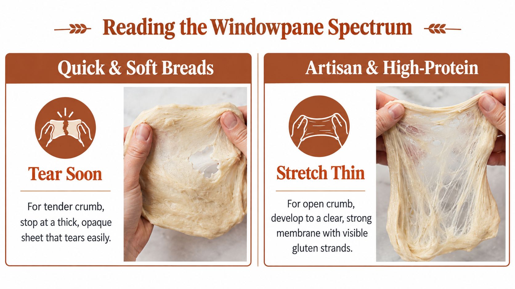 An infographic comparing the windowpane test for quick, soft breads versus artisan, high-protein breads.