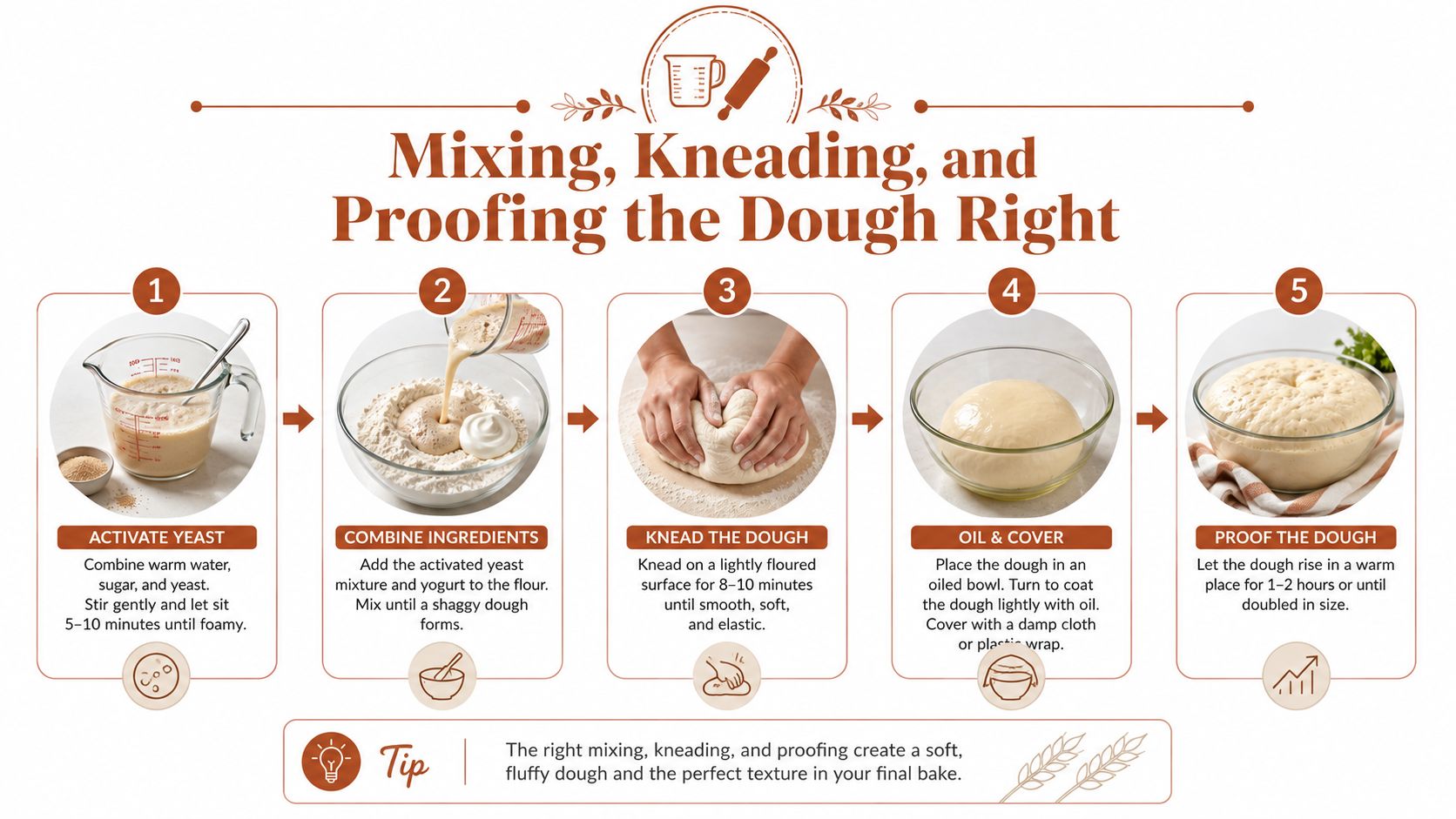 A five-step infographic showing how to activate yeast, knead dough, and proof bread at home.