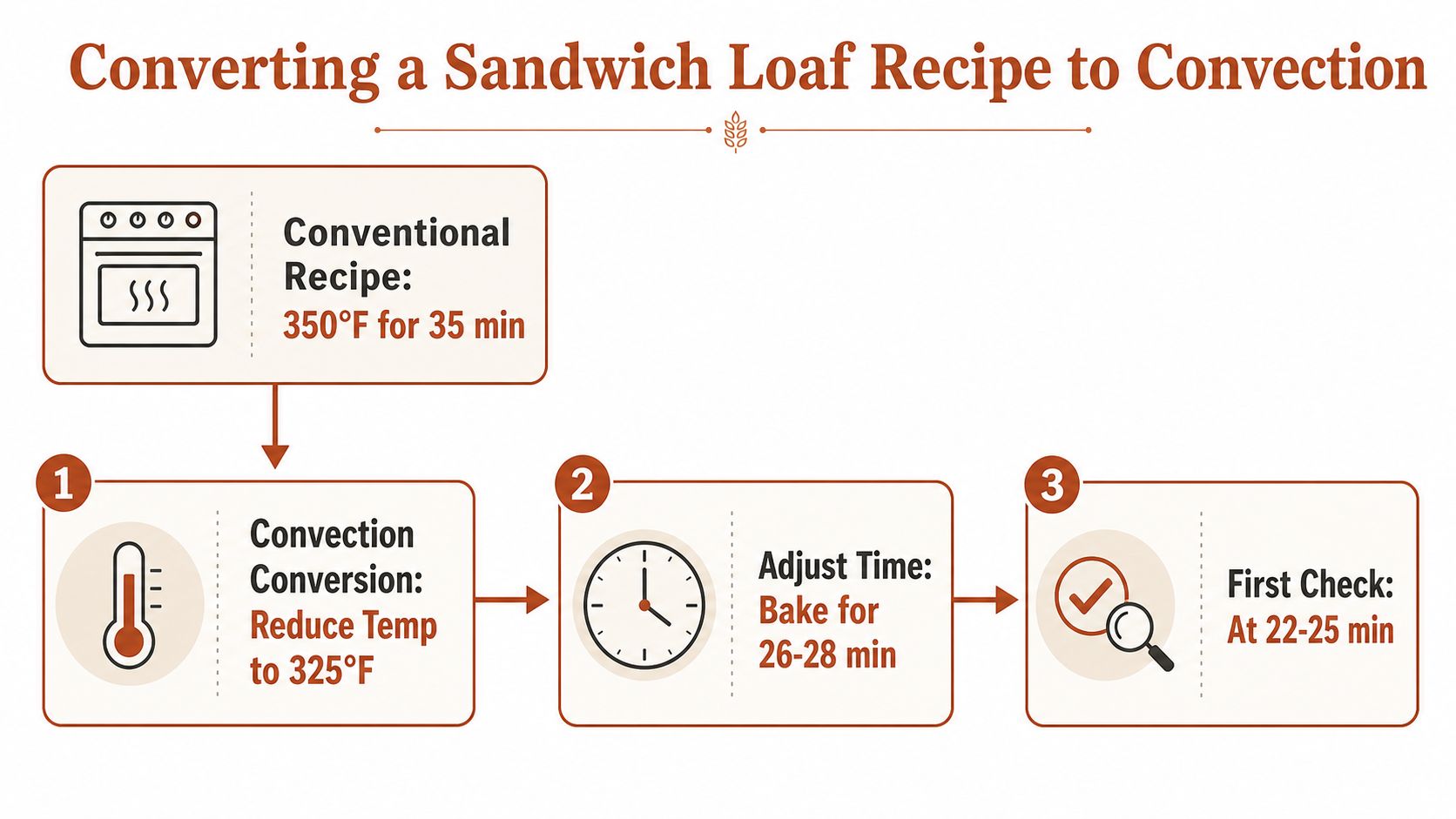 A guide showing how to adjust temperature and time when baking bread in a convection oven.
