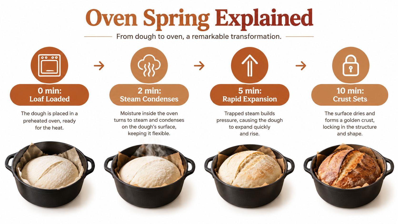 An infographic showing the four stages of oven spring when baking bread in a dutch oven.