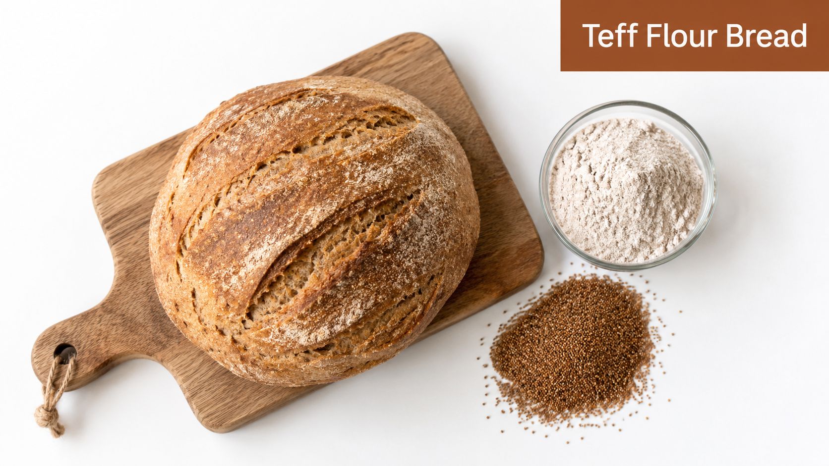 A rustic loaf of teff flour bread on a wooden cutting board with a bowl of flour.
