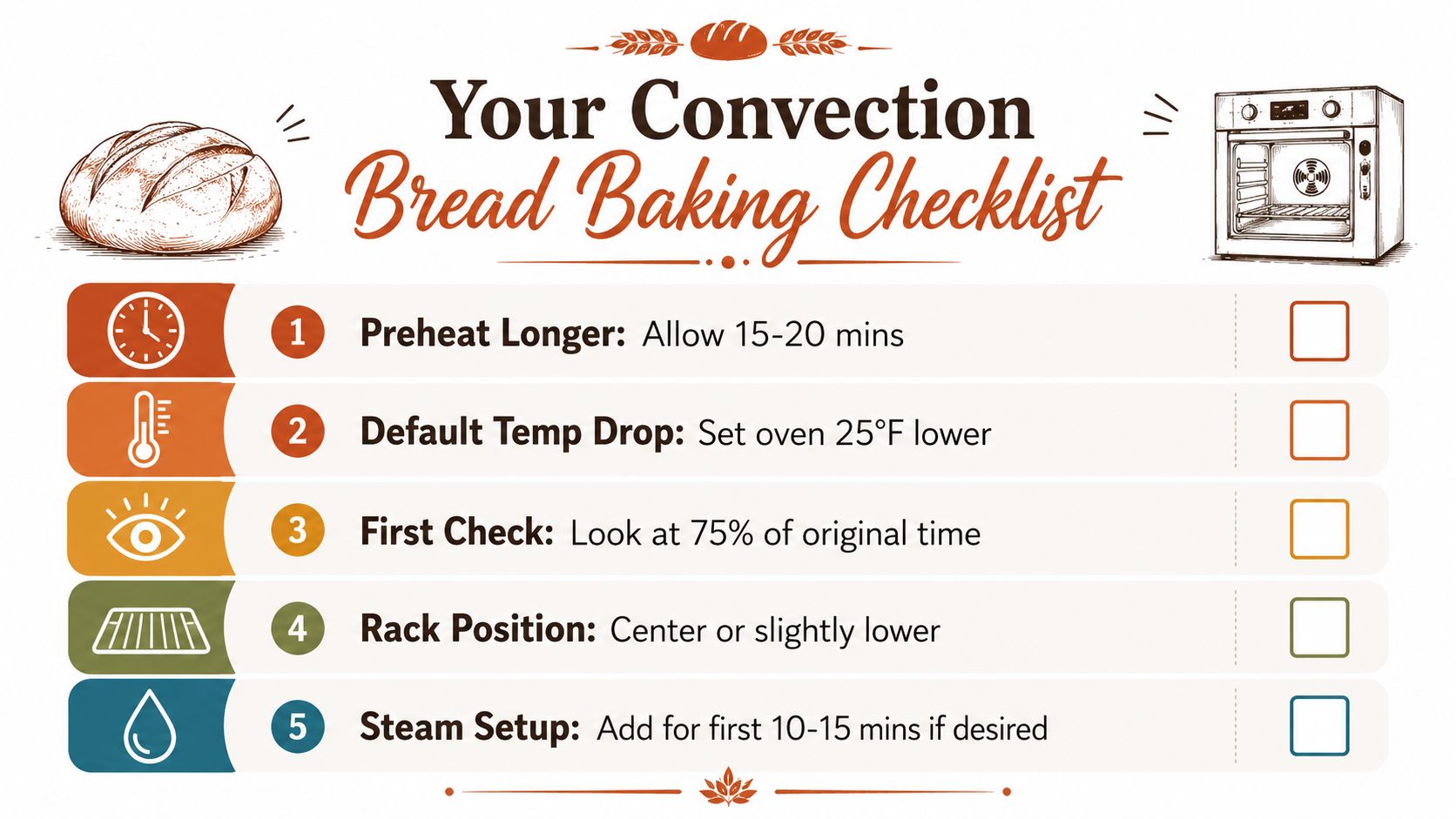 A checklist for baking bread in a convection oven, featuring five tips with corresponding icons.