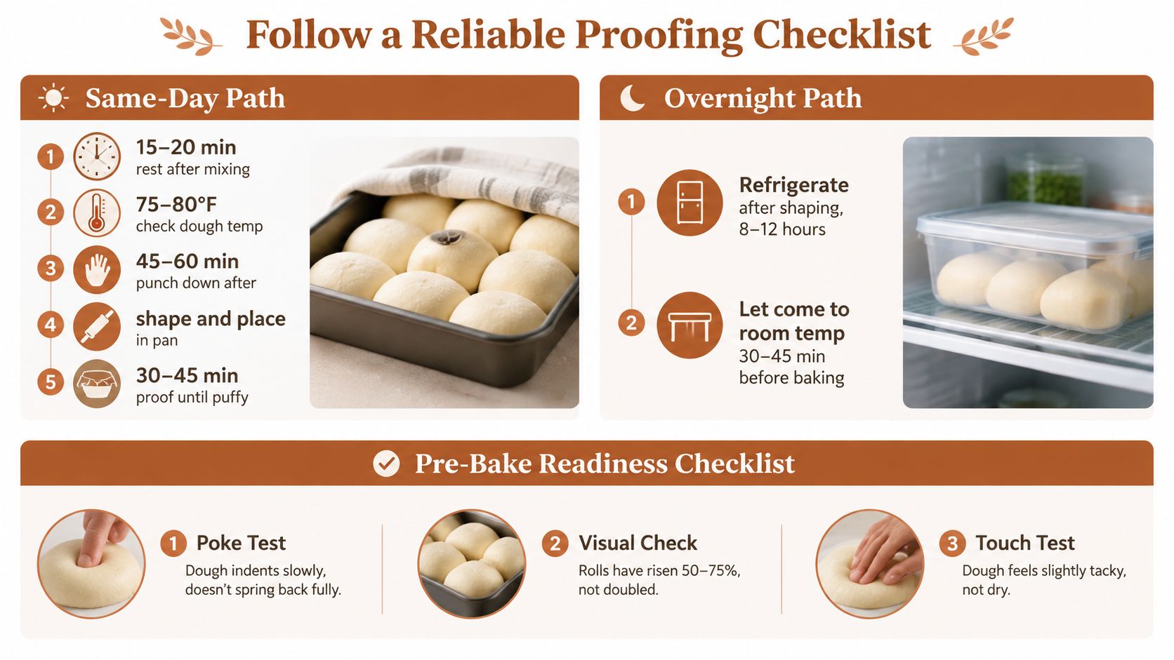 A helpful infographic showing a step-by-step guide for proofing cinnamon roll dough using two different methods.