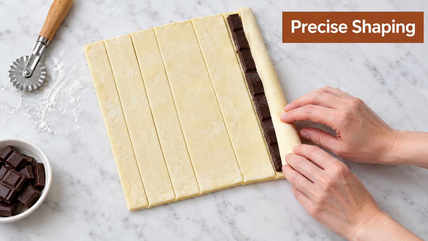 A pair of hands rolling a column of dark chocolate pieces into a sheet of pastry dough.