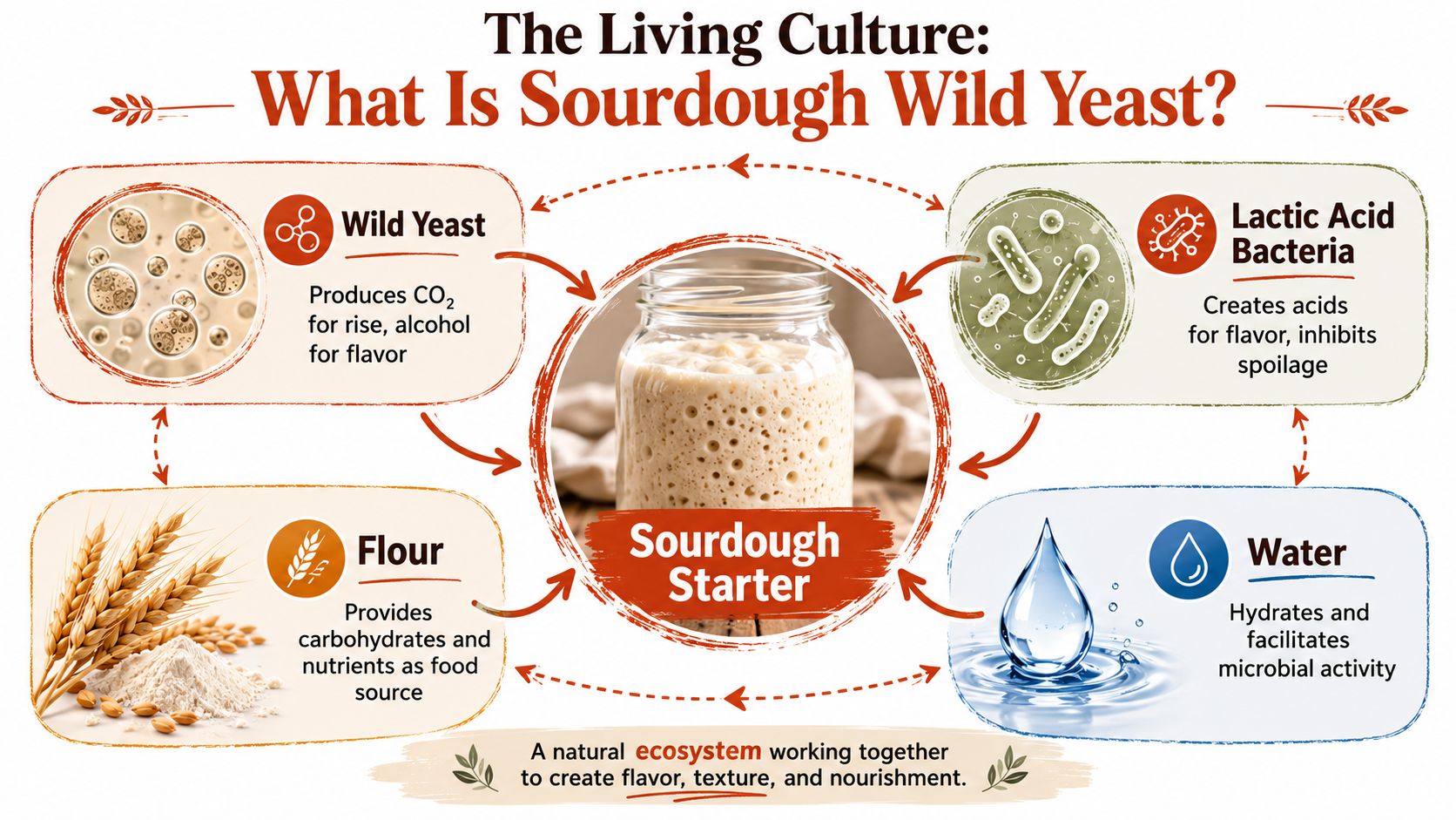 An infographic explaining the components of a sourdough starter including wild yeast, flour, water, and bacteria.