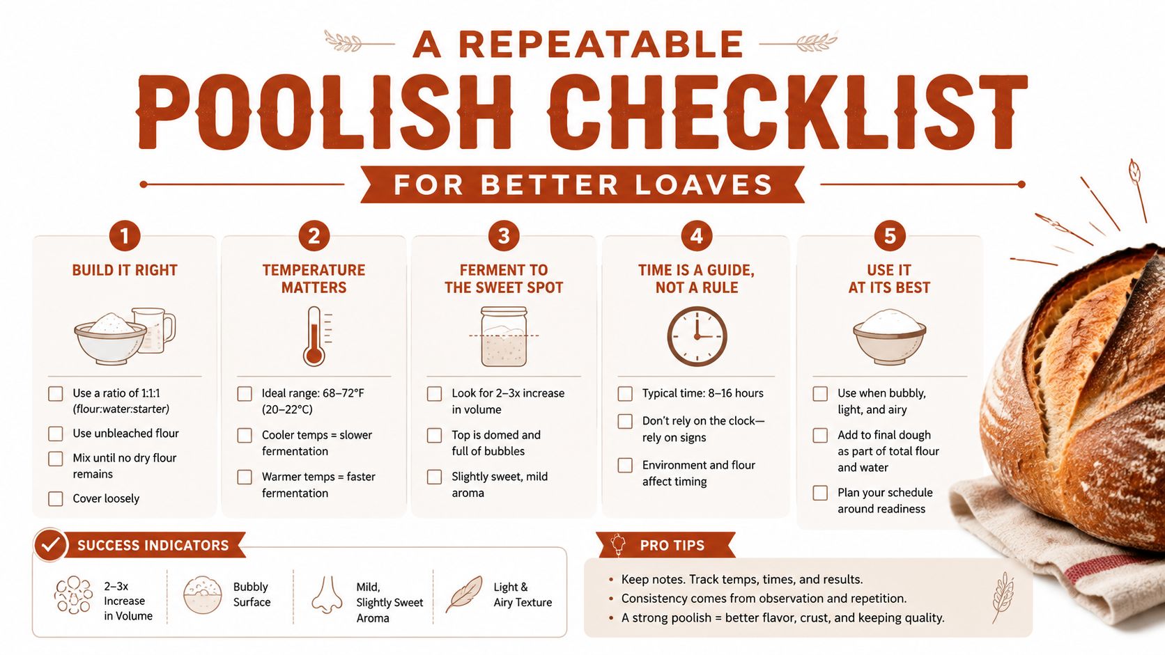 An educational infographic titled A Repeatable Poolish Checklist for Better Loaves, detailing five essential steps for bread making.