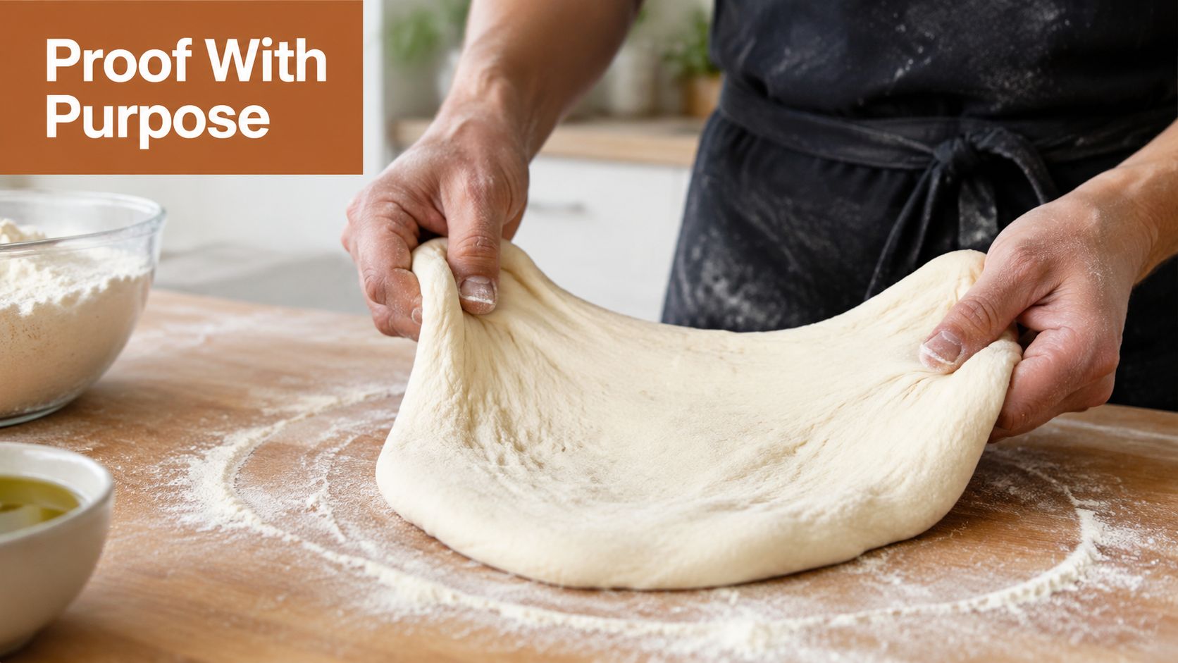 A professional baker stretches fresh pizza dough on a floured wooden kitchen counter in a kitchen.