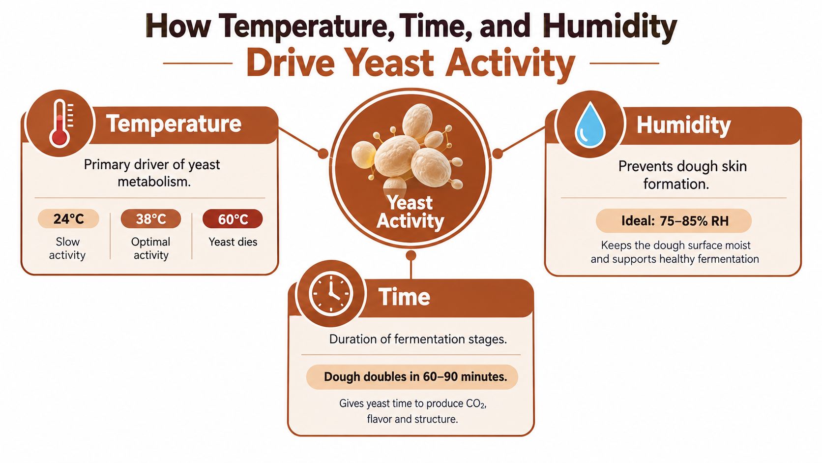 An infographic showing how temperature, time, and humidity affect yeast fermentation activity during the bread making process.