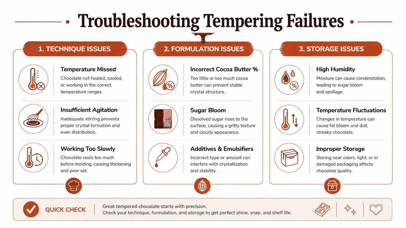 An infographic detailing common causes of chocolate tempering failures including technique, formulation, and storage issues.