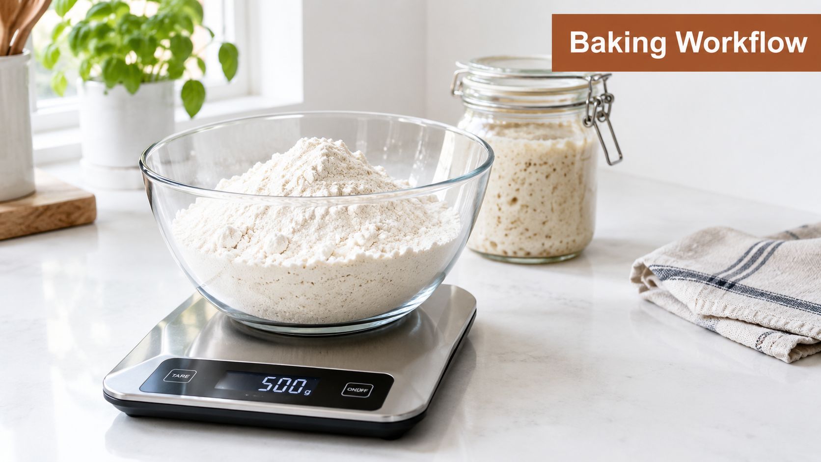 A glass bowl full of white flour sits on a digital kitchen scale measuring 500 grams.