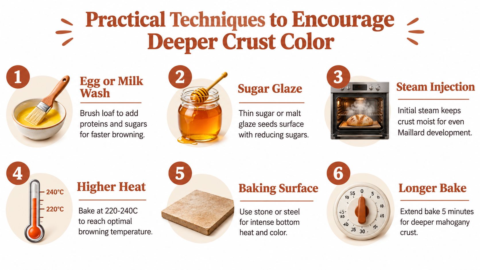 An infographic showing six practical baking techniques to achieve a deeper crust color on bread loaves.