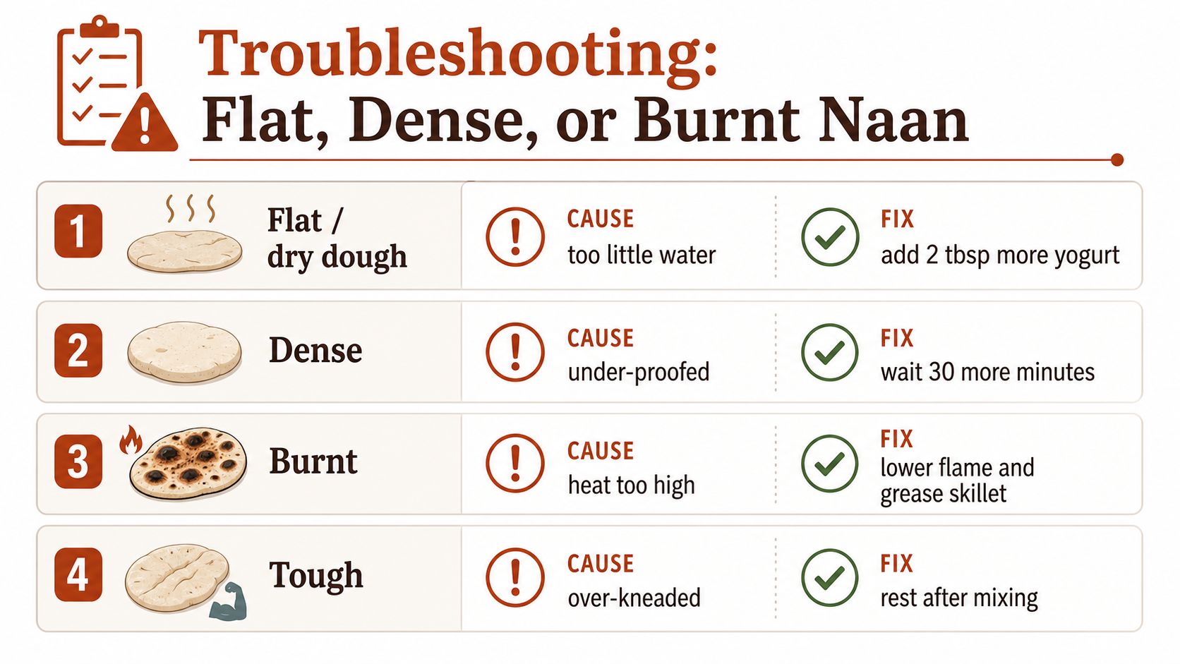 A troubleshooting guide for cooking naan, showing how to fix flat, dense, burnt, or tough naan bread.