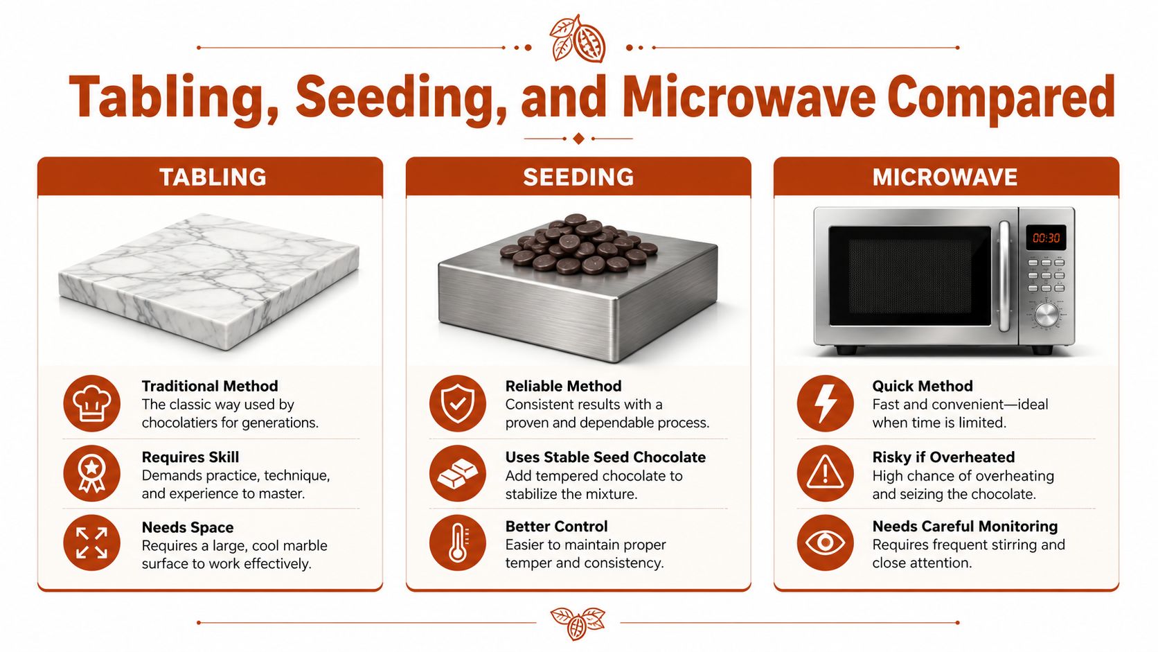 An infographic comparing tabling, seeding, and microwave methods for tempering chocolate, listing pros and cons for each.