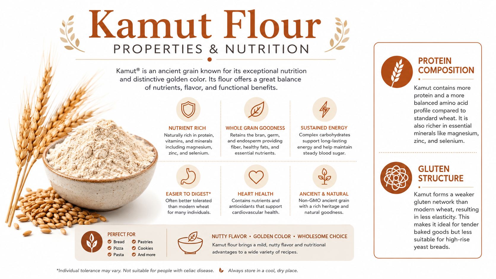 An infographic detailing the nutritional properties, health benefits, and culinary uses of kamut flour ancient grain.