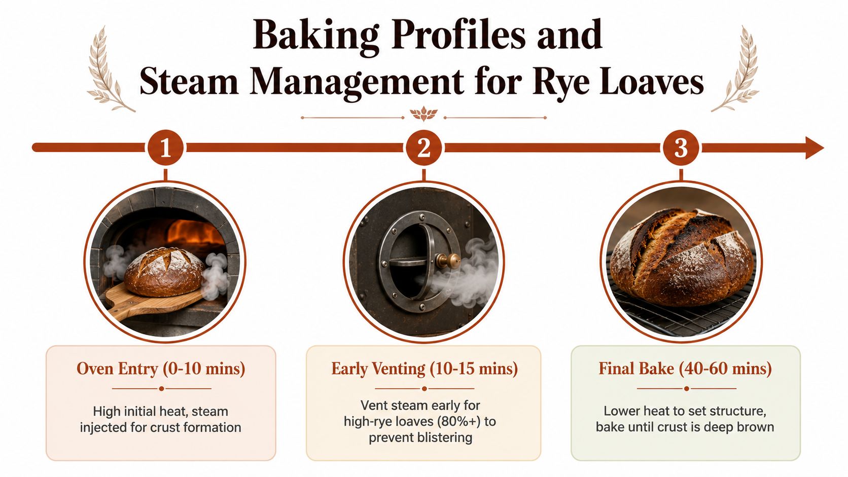 A diagram outlining the three-stage baking process for rye loaves, showing steam management and heat settings.