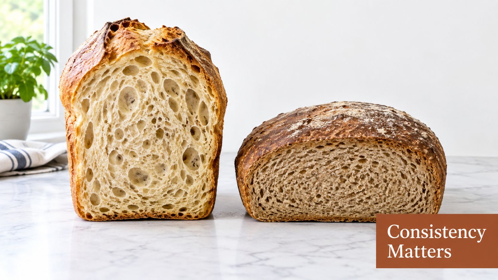 Two halves of artisanal sourdough bread with different crumb structures displayed side by side on a table.