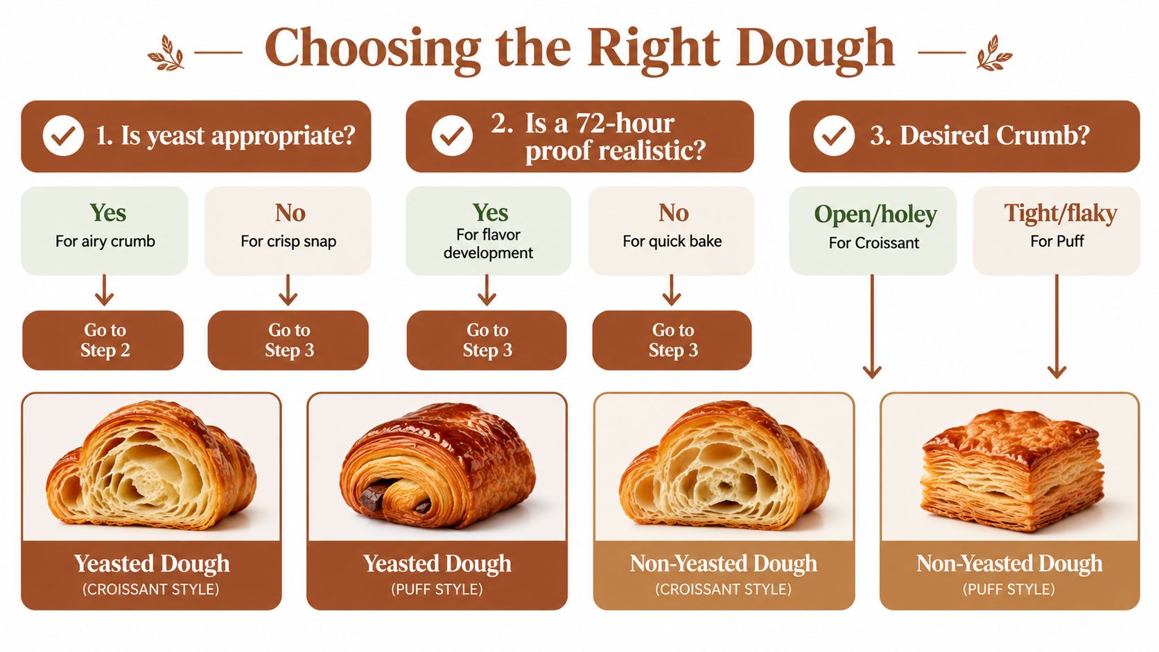 A flow chart illustrating how to choose between yeasted and non-yeasted dough for croissants and puff pastry.