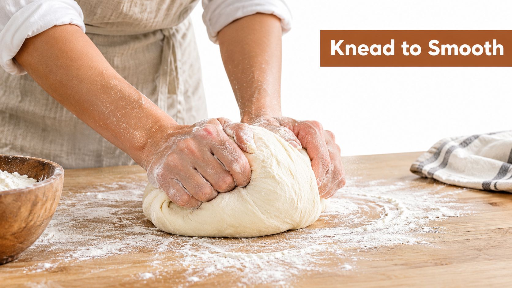 A person wearing a linen apron kneading fresh white dough on a wooden kitchen table surface.