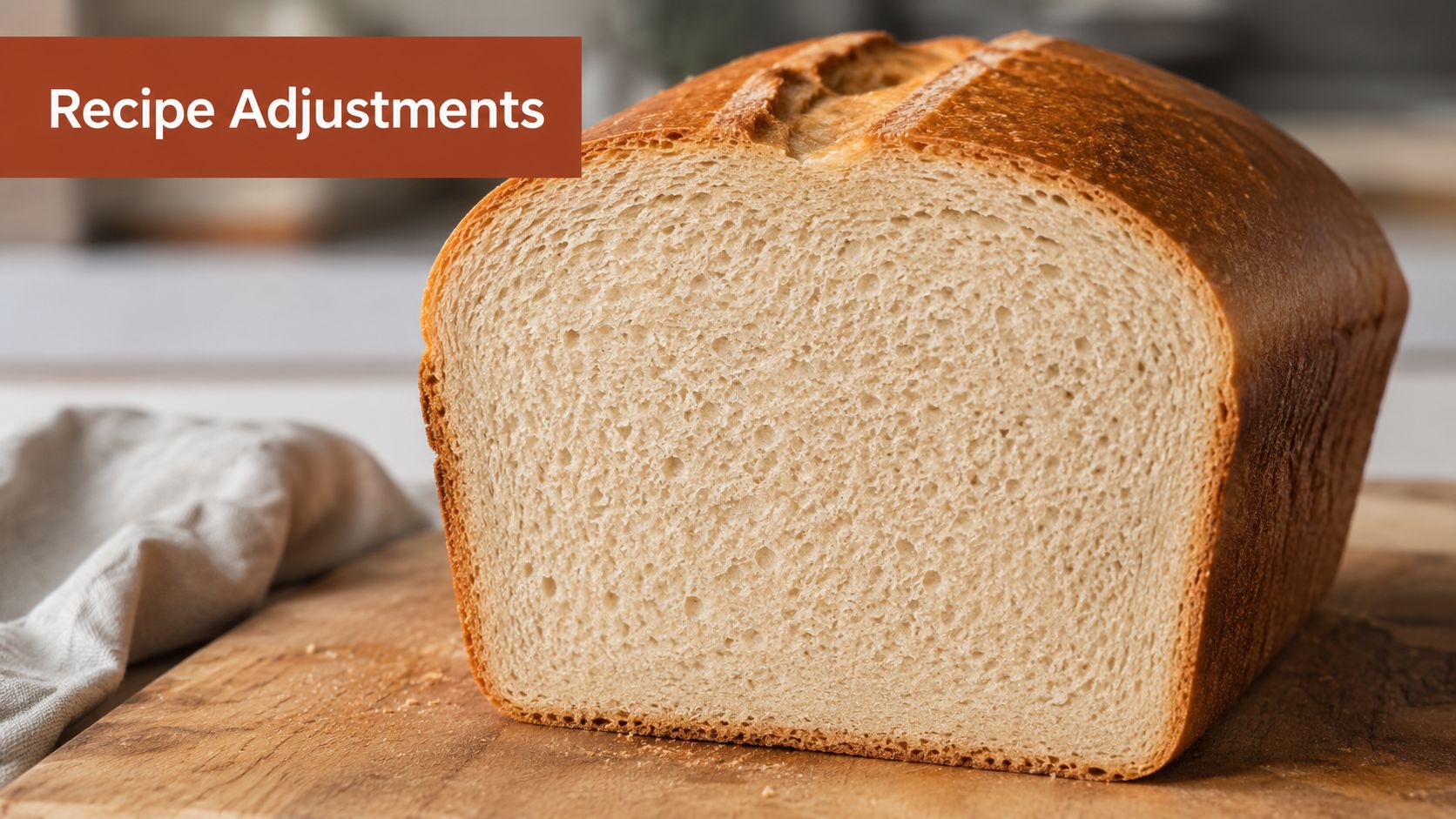 A fresh loaf of homemade white bread sitting on a wooden cutting board with a cloth.