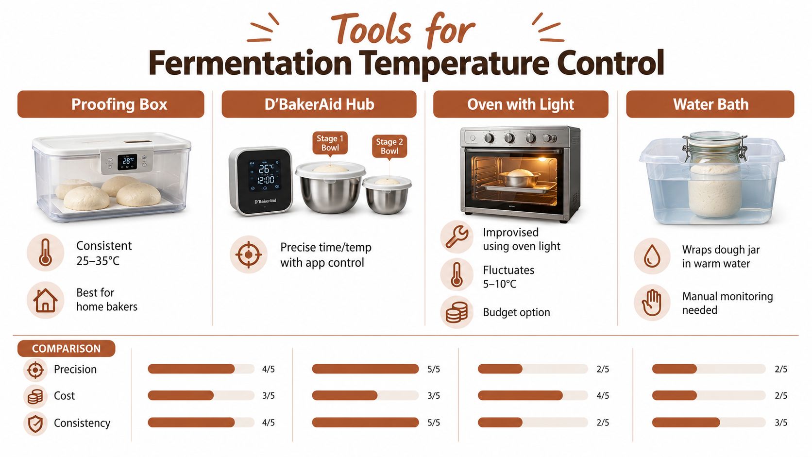 A comparison chart outlining four tools for fermentation temperature control including proofing box, hub, oven, and water bath.