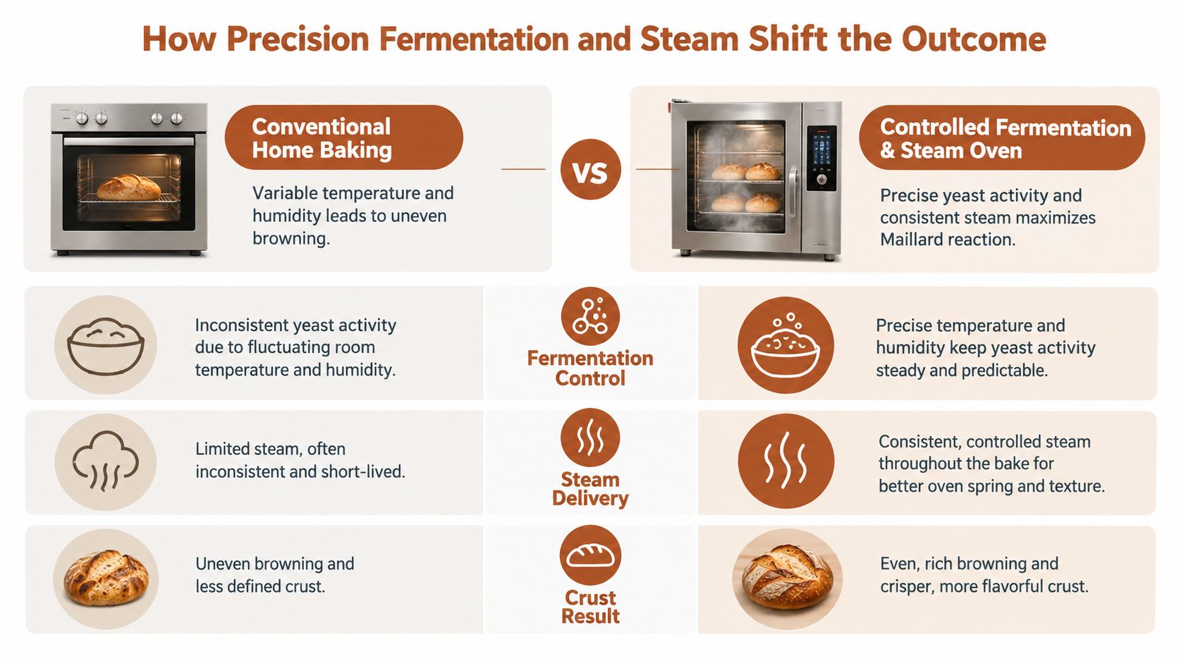 A comparative infographic showing how controlled fermentation and steam baking improve bread quality compared to conventional ovens.