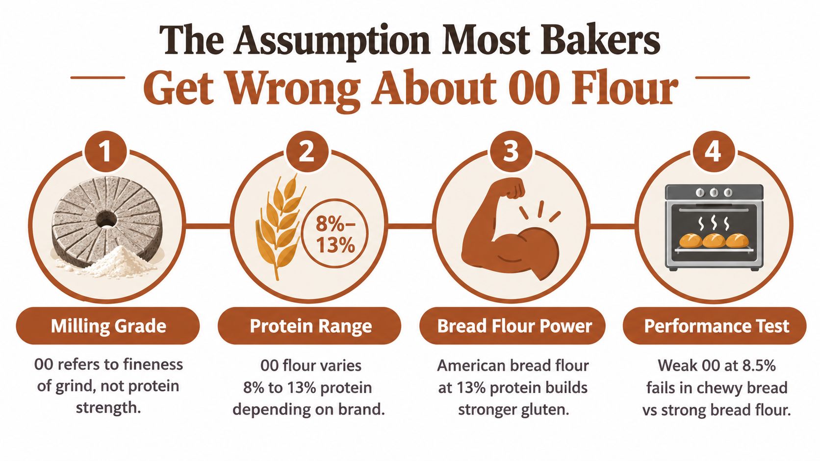 An infographic showing four common misconceptions about 00 flour related to milling, protein, strength, and baking performance.
