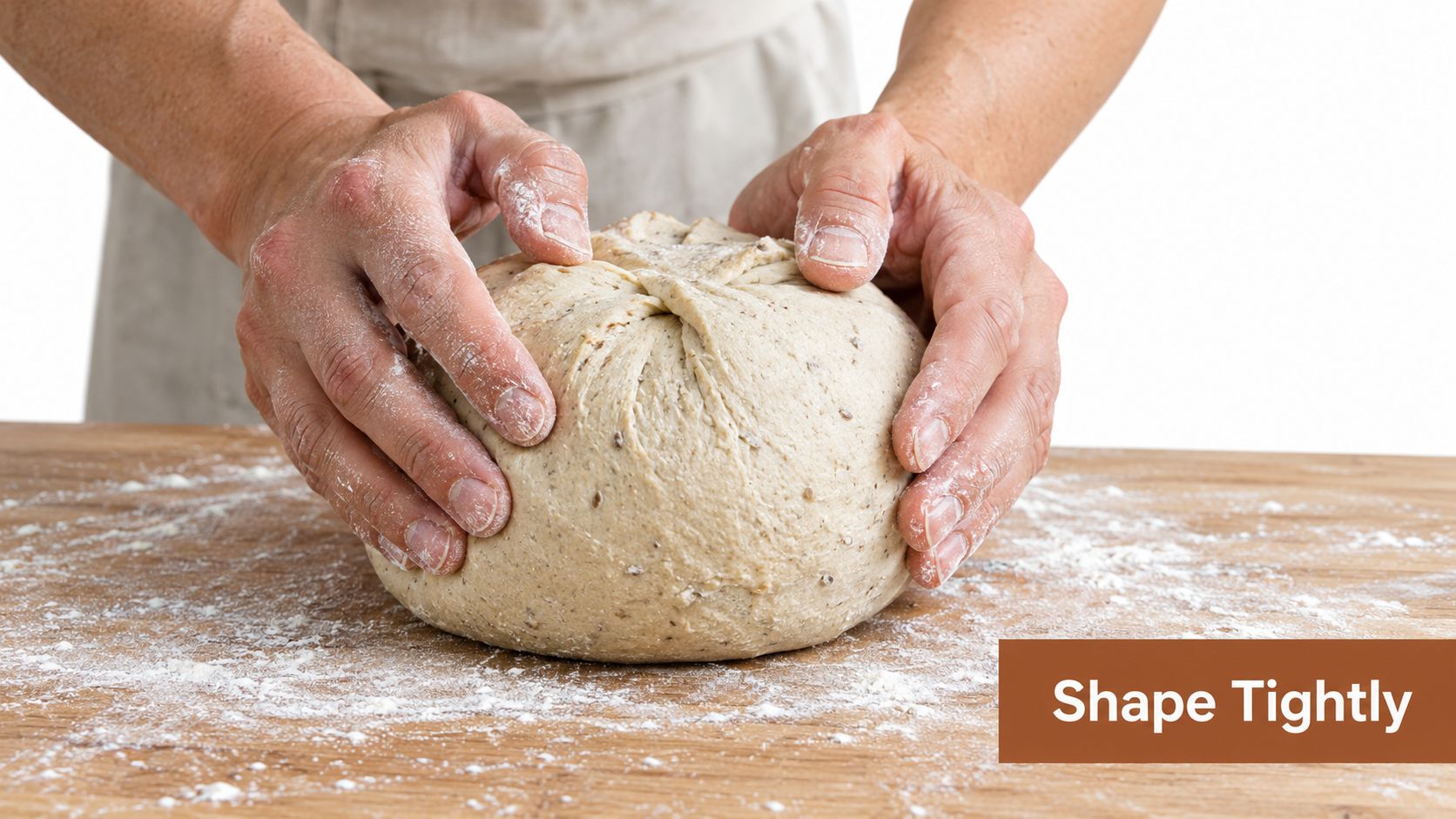 A pair of hands shaping a round ball of sourdough bread dough on a floured wooden surface.