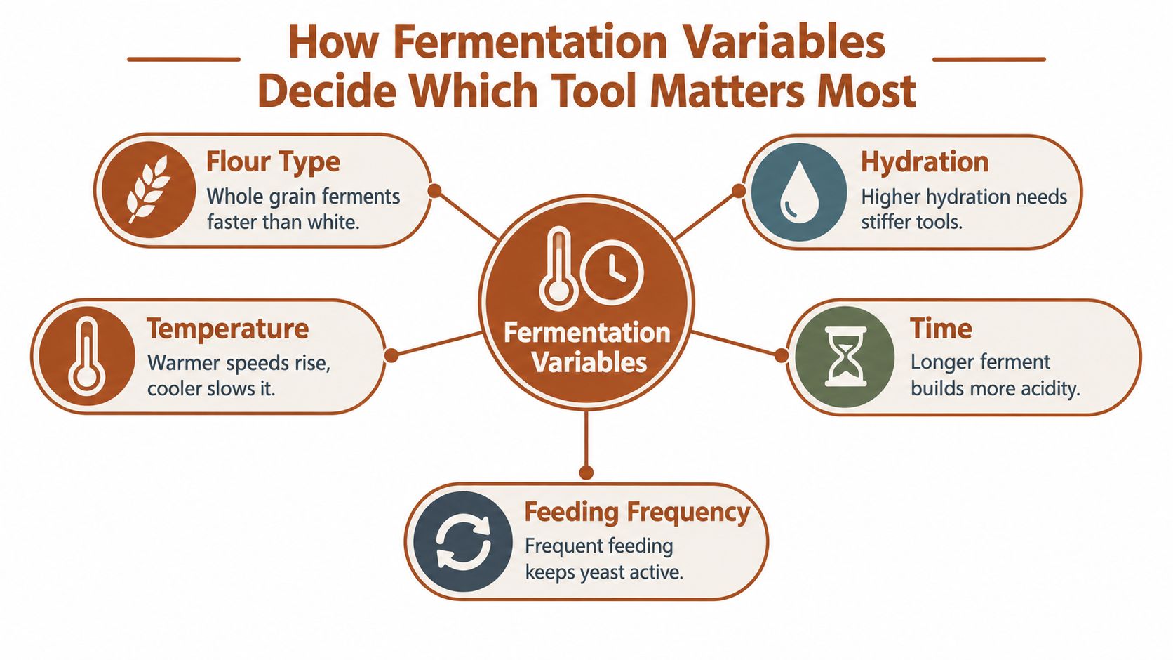A diagram explaining how five key fermentation variables influence the selection of sourdough baking tools.